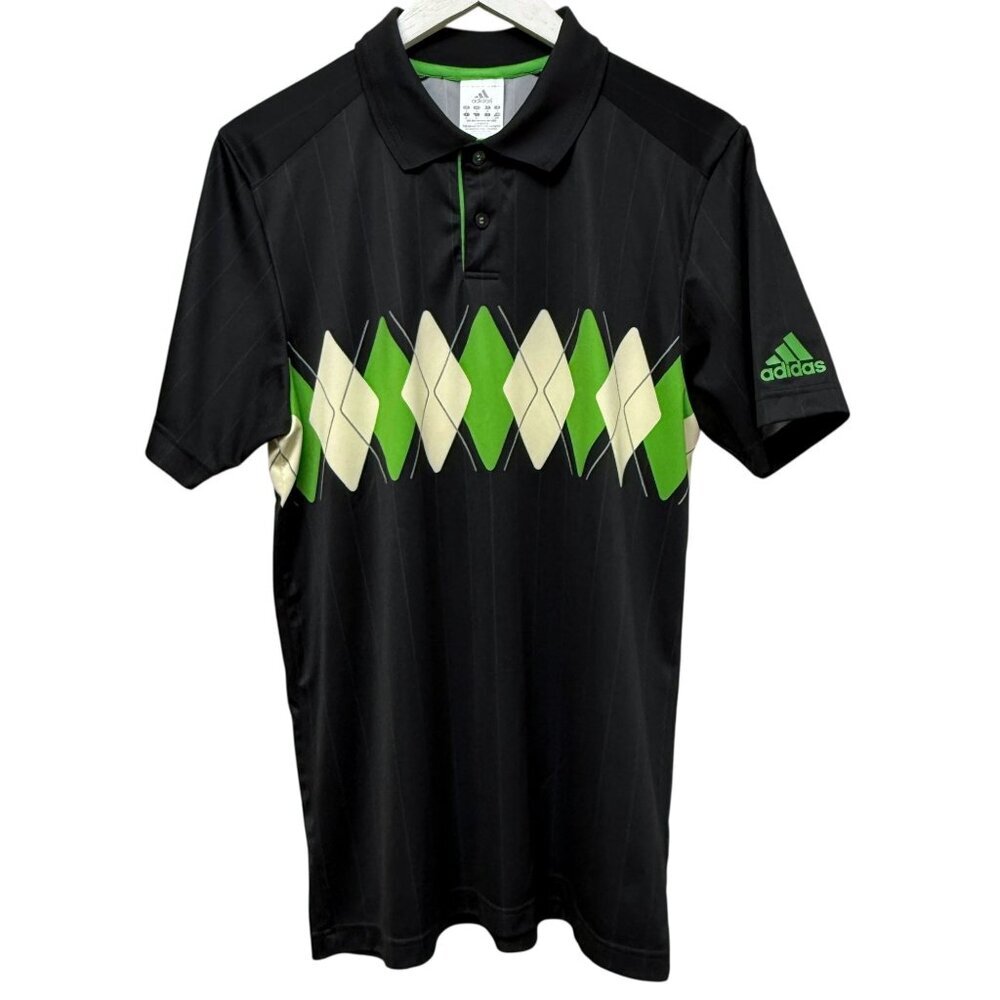 ADIDAS Tennis Polo Shirt Mens Size Medium Black Green Argyle Climalite